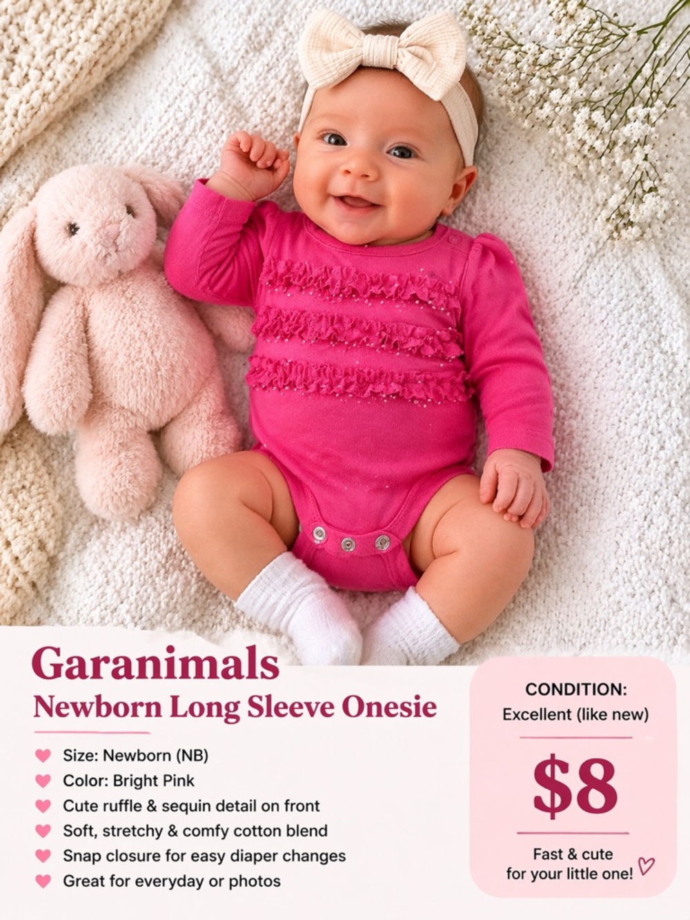 Garanimals Bright Pink Long Sleeve Ruffle Onesie